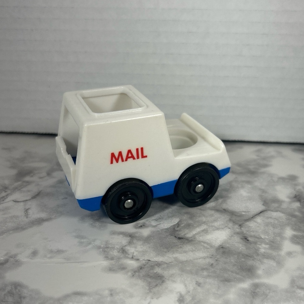 Retro Fisher Price Little People White and Blue Toy Mail Truck and Green Car